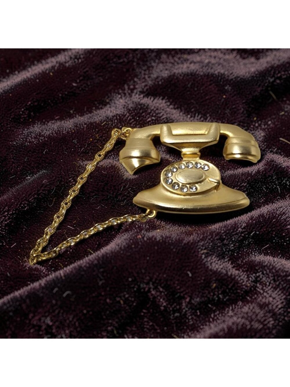 JJ Rotary Telephone Brooch Gold Tone Rhinestone Chain Cord Vintage Jewelry